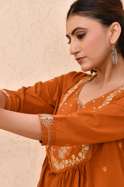 Rust Orange Embroidered Muslin Anarkali Kurta Set with Dupatta – Sunehri