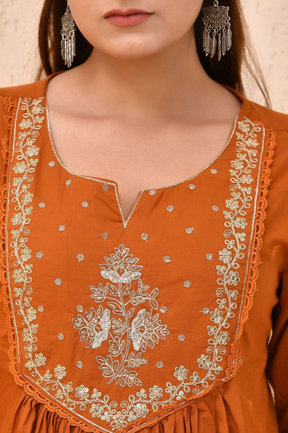 Rust Orange Embroidered Muslin Anarkali Kurta Set with Dupatta – Sunehri