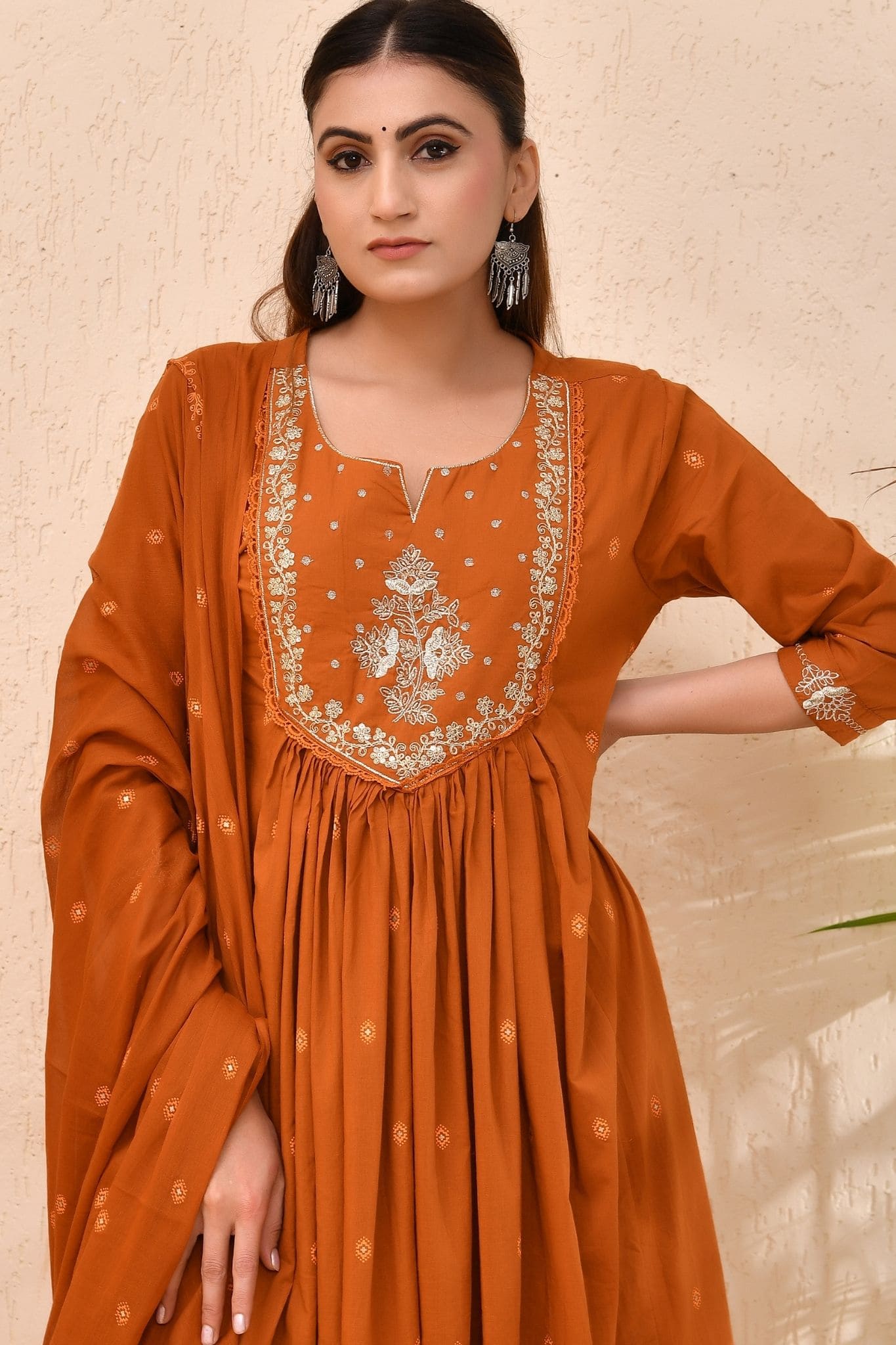 Rust Orange Embroidered Muslin Anarkali Kurta Set with Dupatta – Sunehri