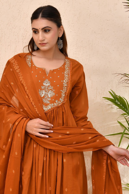 Rust Orange Embroidered Muslin Anarkali Kurta Set with Dupatta – Sunehri
