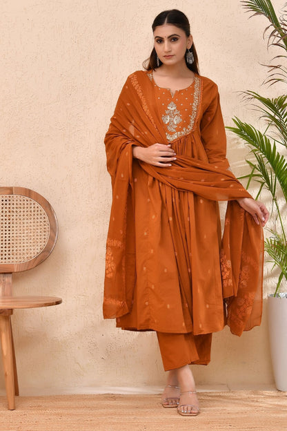 Rust Orange Embroidered Muslin Anarkali Kurta Set with Dupatta – Sunehri
