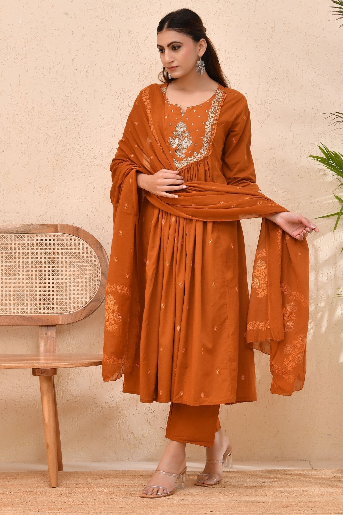 Rust Orange Embroidered Muslin Anarkali Kurta Set with Dupatta – Sunehri