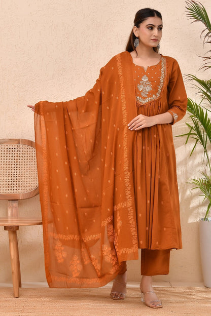 Rust Orange Embroidered Muslin Anarkali Kurta Set with Dupatta – Sunehri