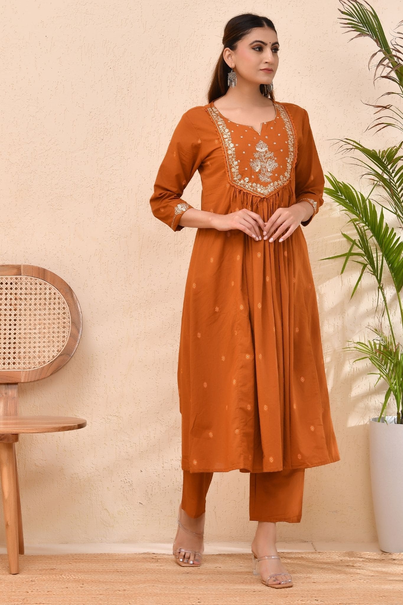 Rust Orange Embroidered Muslin Anarkali Kurta Set with Dupatta – Sunehri