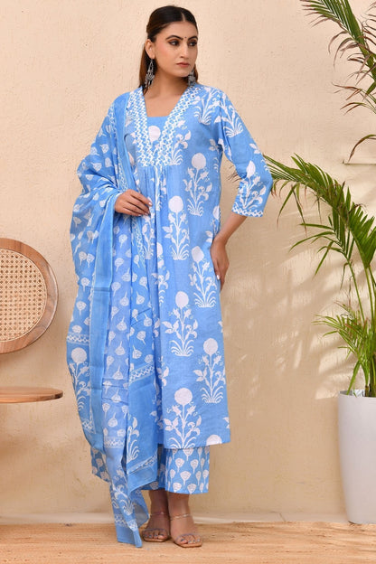 Sky Blue Cotton Printed Anarkali Kurta Set with Dupatta – Skyra