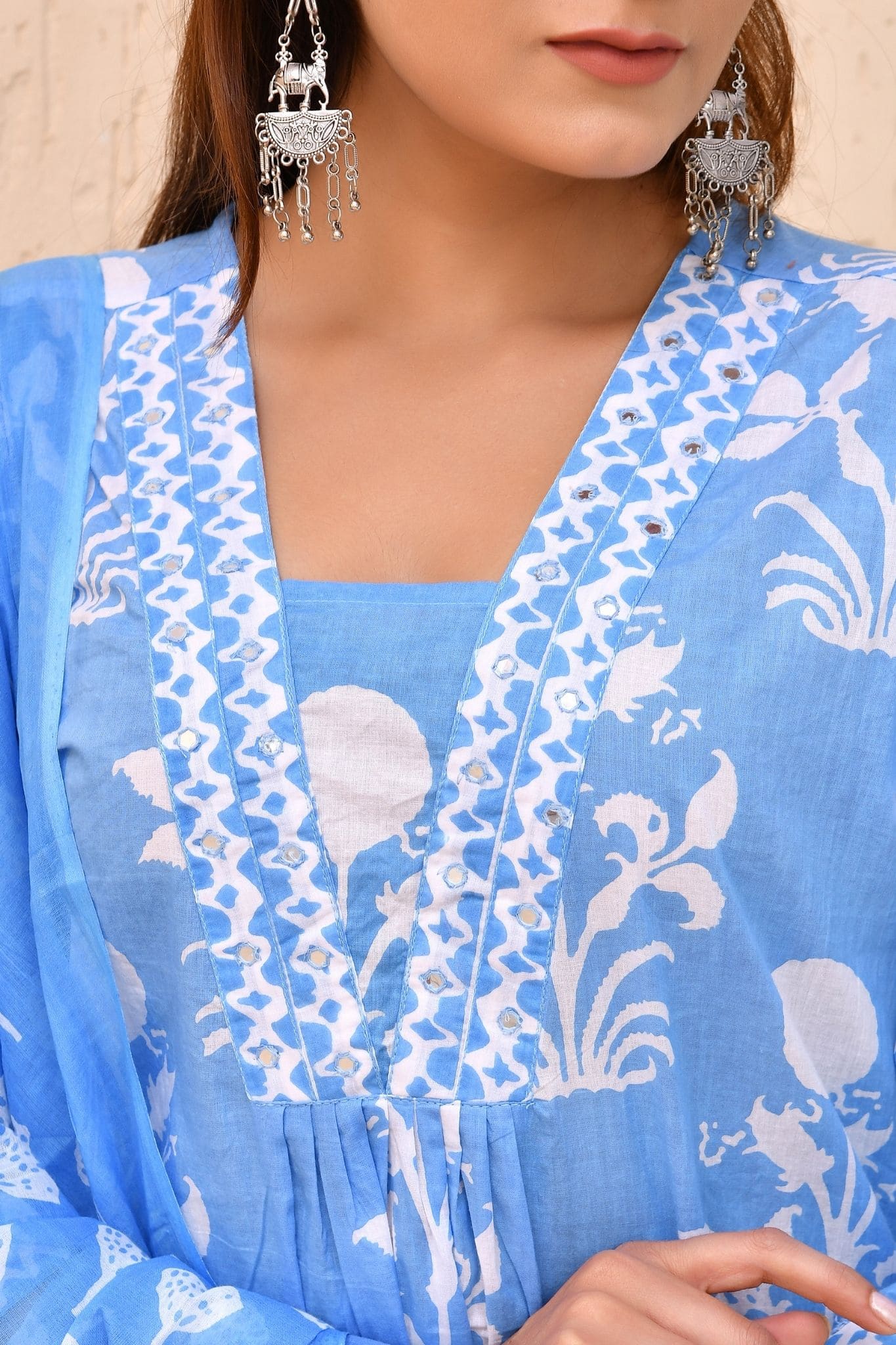 Sky Blue Cotton Printed Anarkali Kurta Set with Dupatta – Skyra