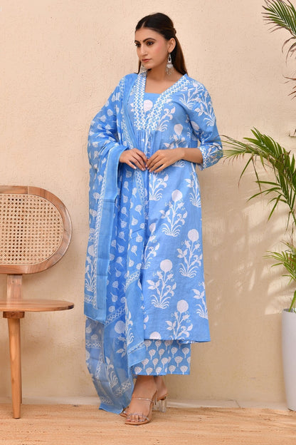 Sky Blue Cotton Printed Anarkali Kurta Set with Dupatta – Skyra