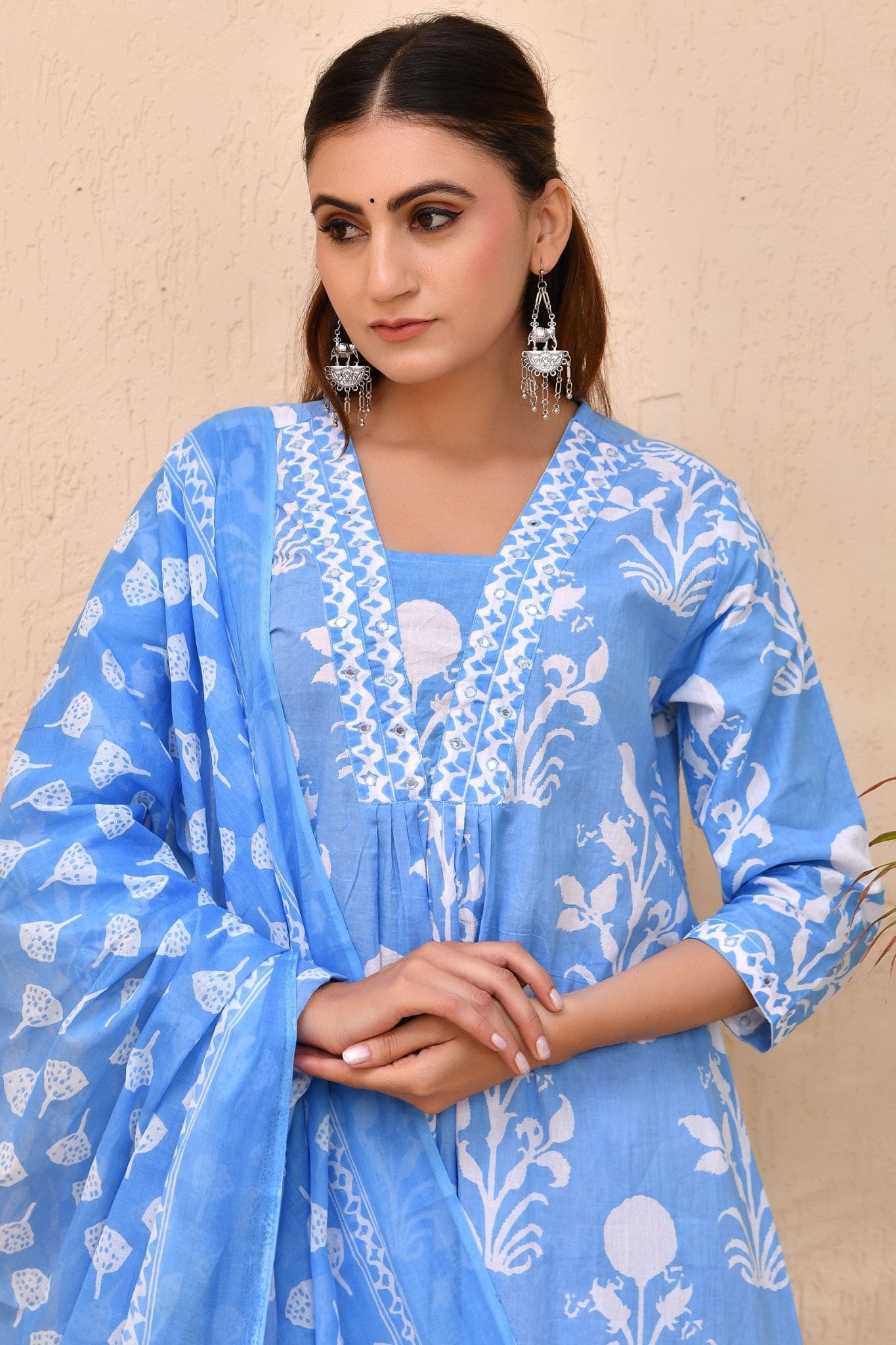 Sky Blue Cotton Printed Anarkali Kurta Set with Dupatta – Skyra