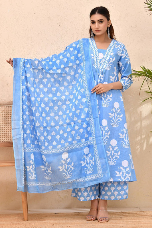 Sky Blue Cotton Printed Anarkali Kurta Set with Dupatta – Skyra