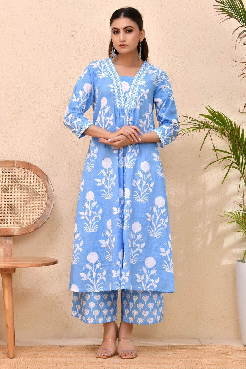 Sky Blue Cotton Printed Anarkali Kurta Set with Dupatta – Skyra