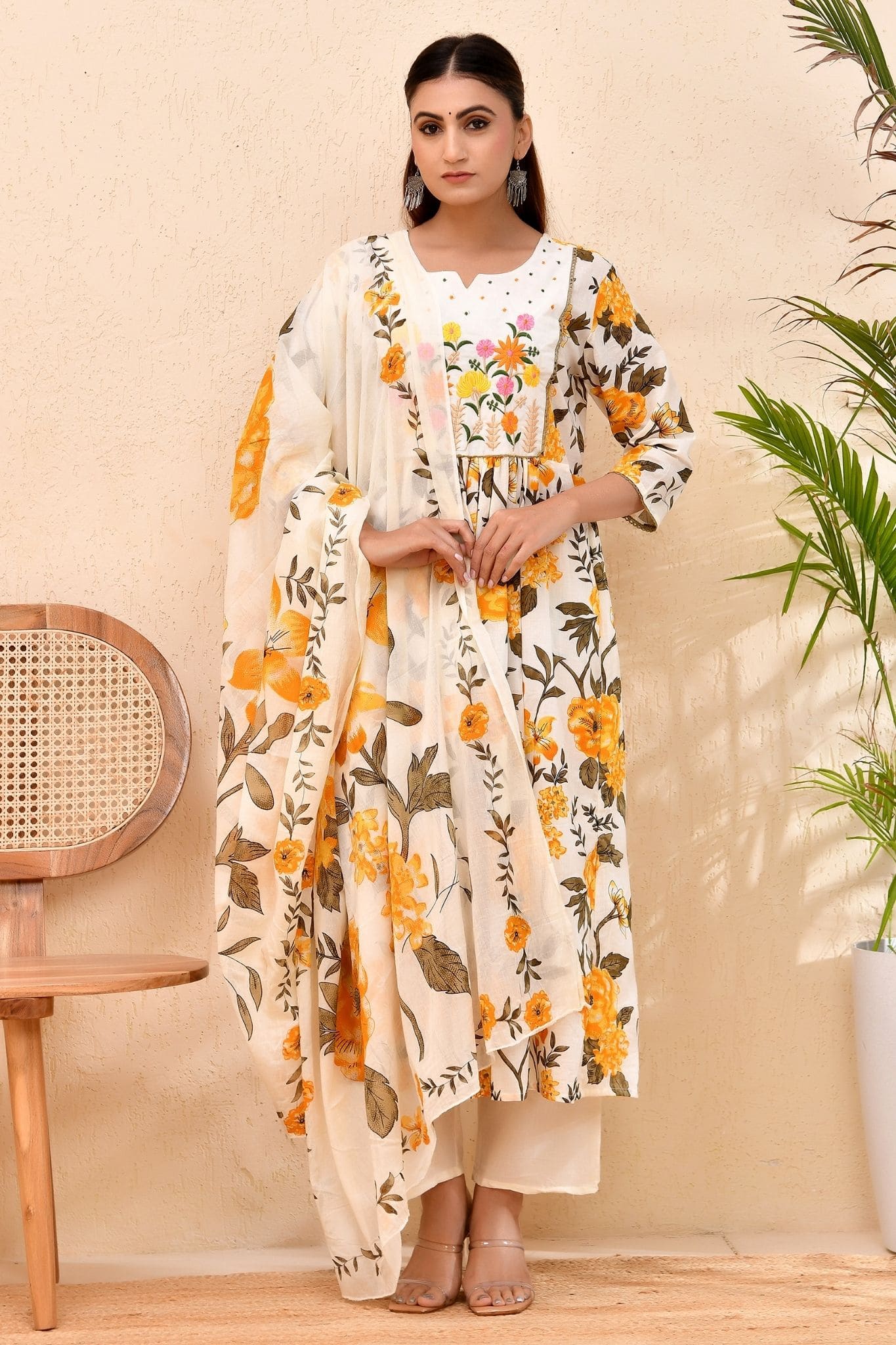 Sunshine Floral Anarkali Kurta Set – Festive Yellow Bloom for Women