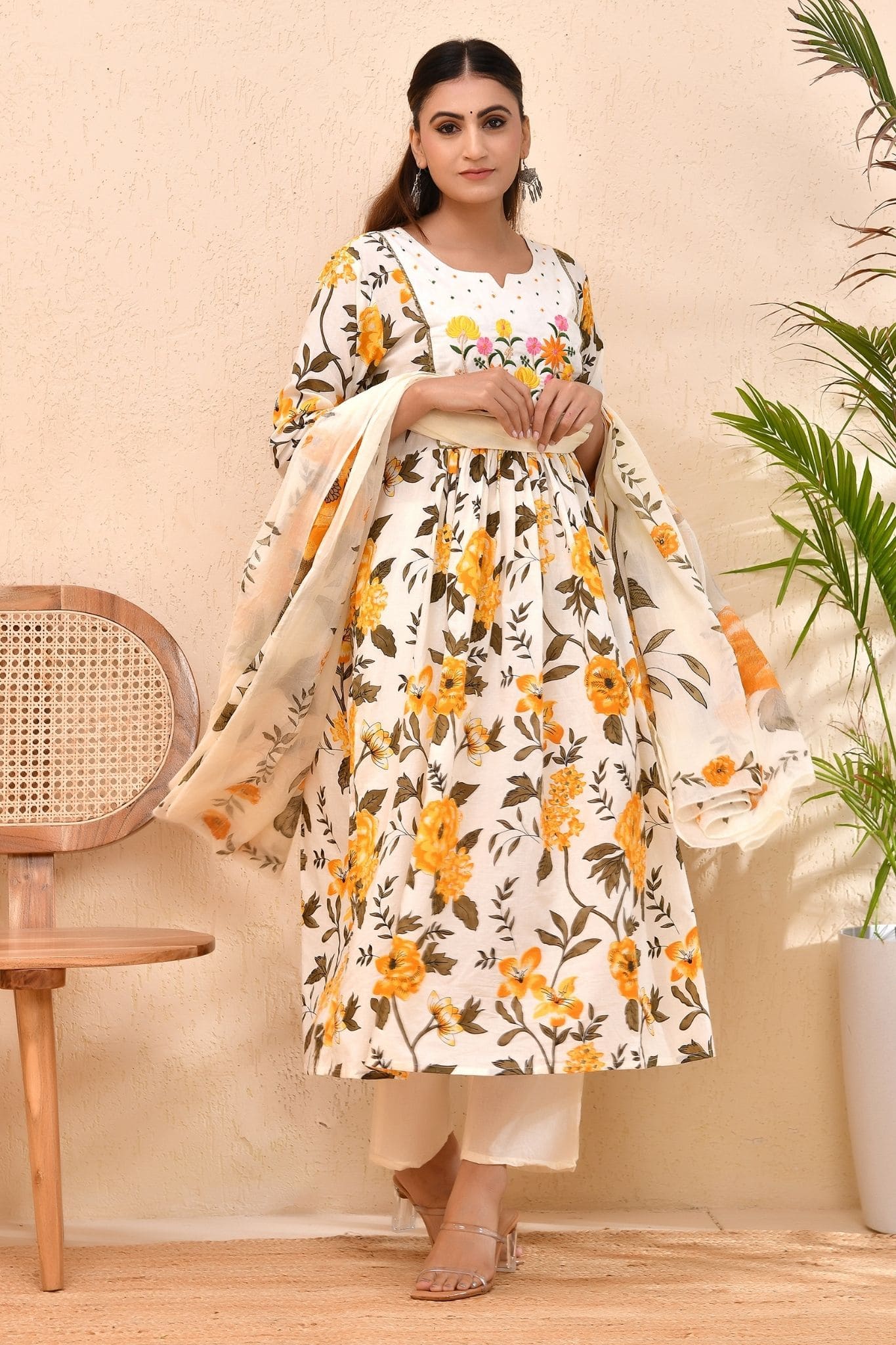 Sunshine Floral Anarkali Kurta Set – Festive Yellow Bloom for Women
