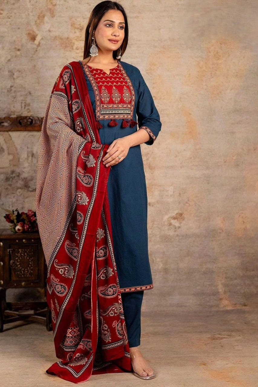Teal Jaipuri Printed Suit Set With Classic Red Dupatta
