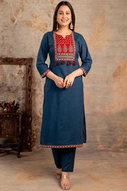 Teal Jaipuri Printed Suit Set With Classic Red Dupatta