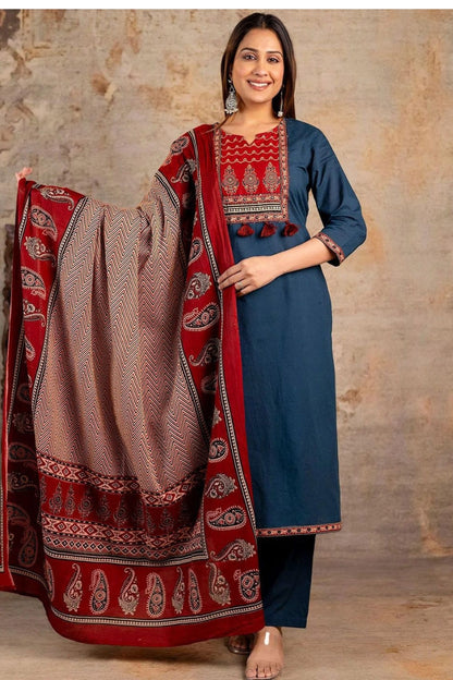 Teal Jaipuri Printed Suit Set With Classic Red Dupatta