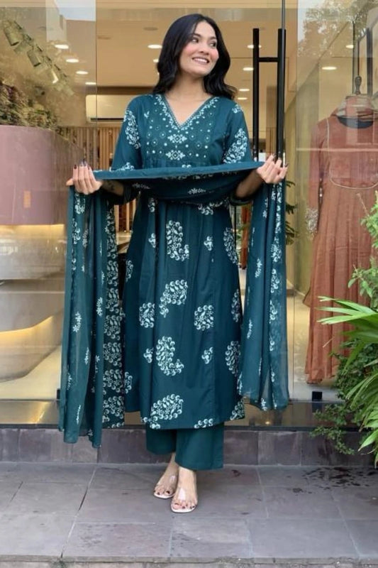 Teal Printed Anarkali Suit with Dupatta Set