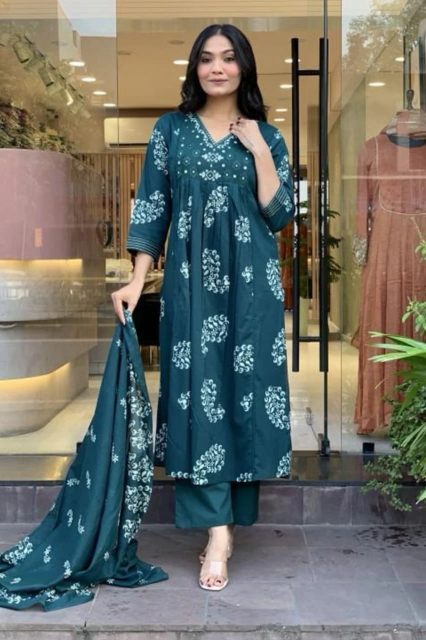 Teal Printed Anarkali Suit with Dupatta Set