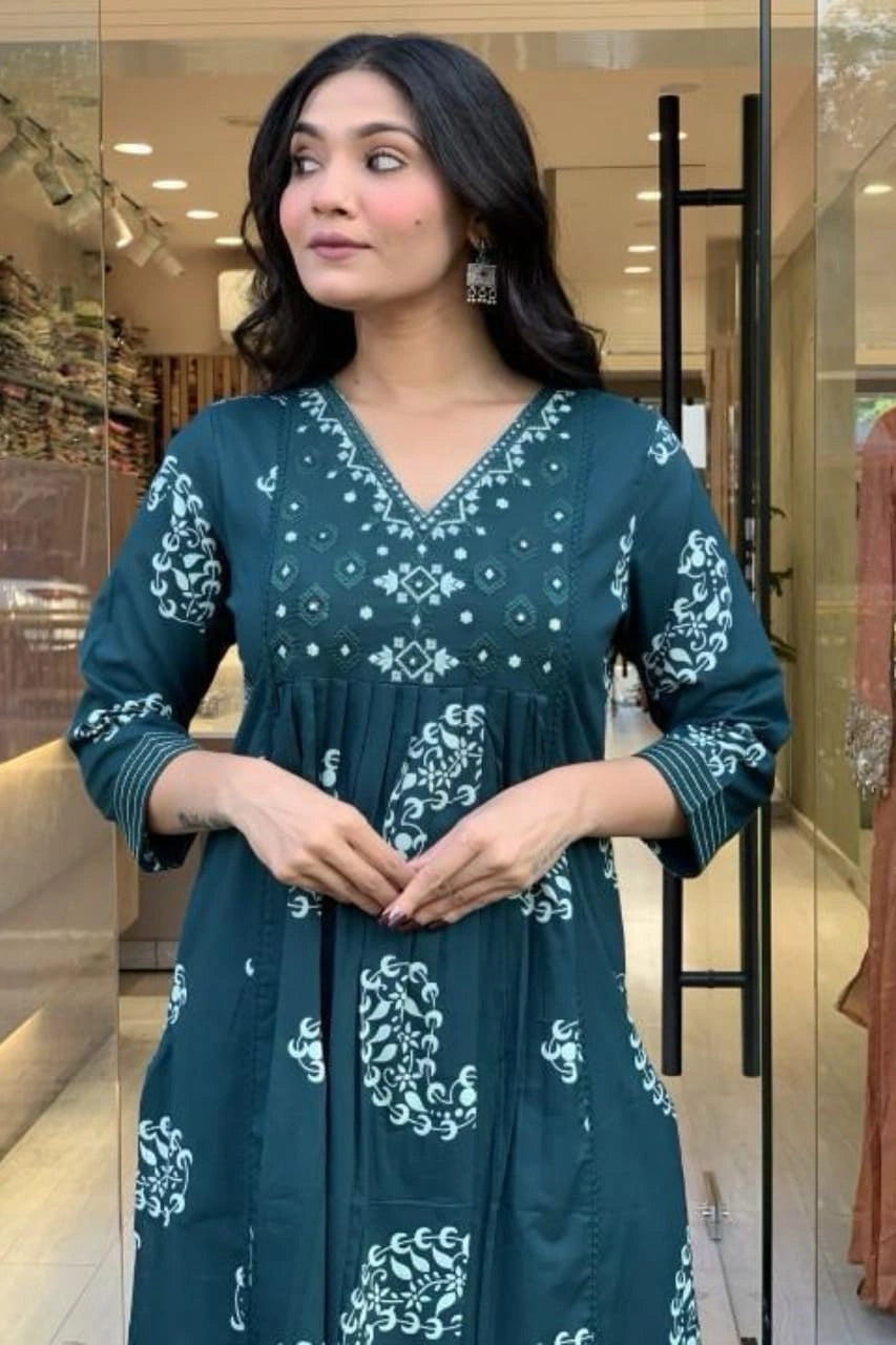 Teal Printed Anarkali Suit with Dupatta Set