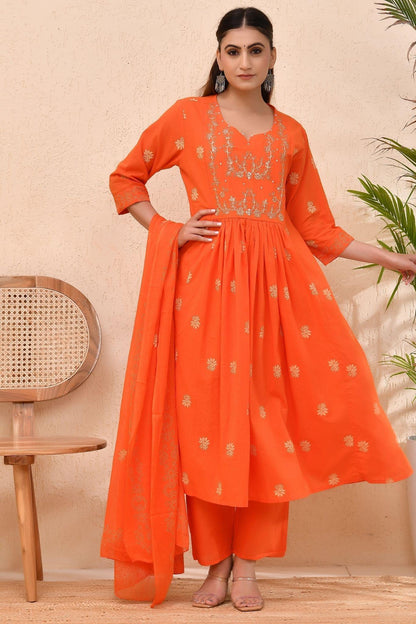 Vibrant Orange Embroidered Anarkali Kurta Set with Dupatta – Wear for Women