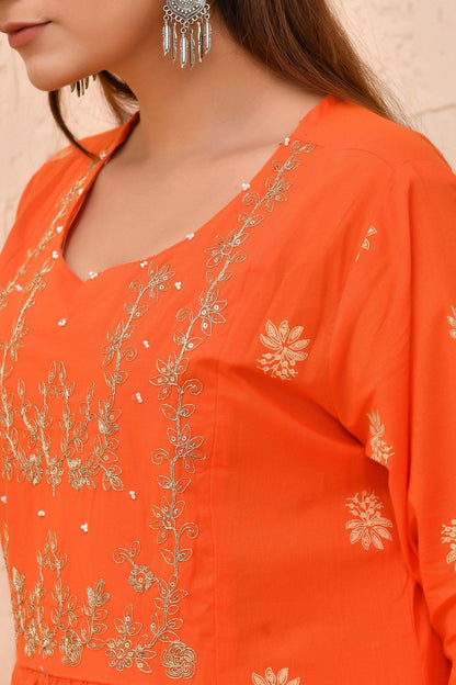 Vibrant Orange Embroidered Anarkali Kurta Set with Dupatta – Wear for Women