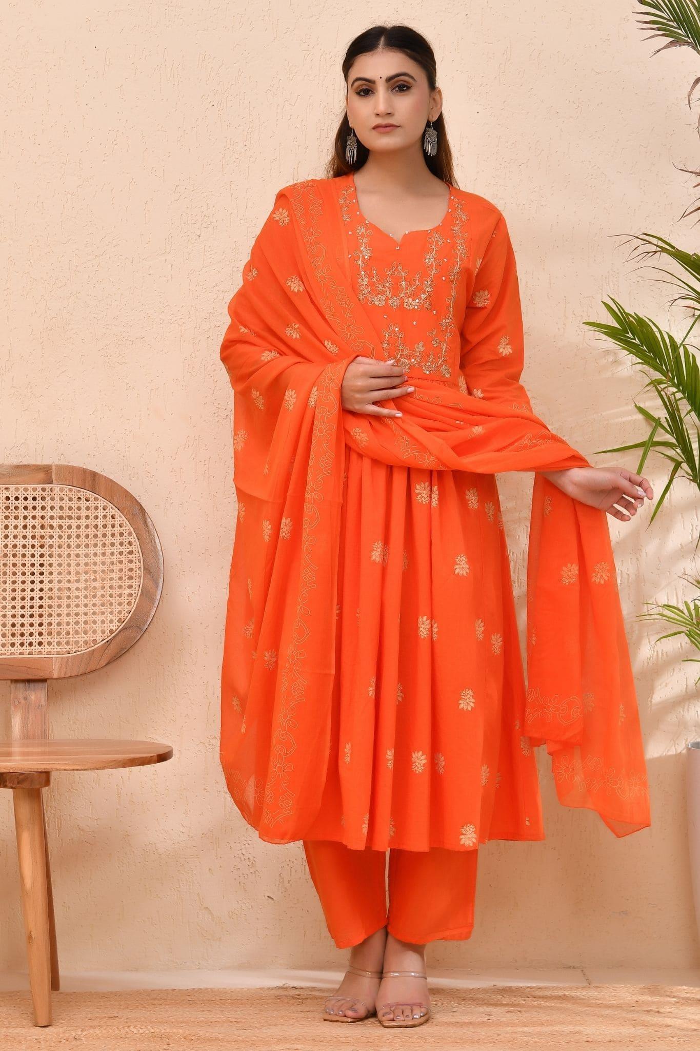 Vibrant Orange Embroidered Anarkali Kurta Set with Dupatta – Wear for Women