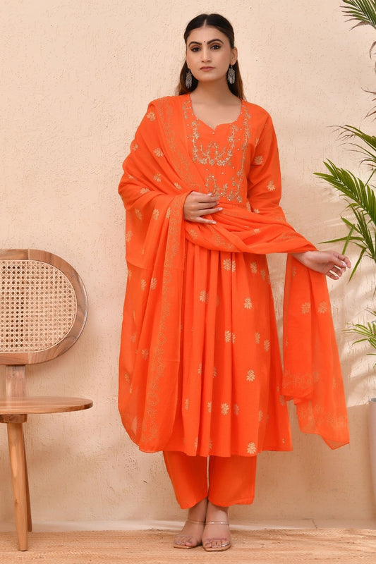 Vibrant Orange Embroidered Anarkali Kurta Set with Dupatta – Wear for Women