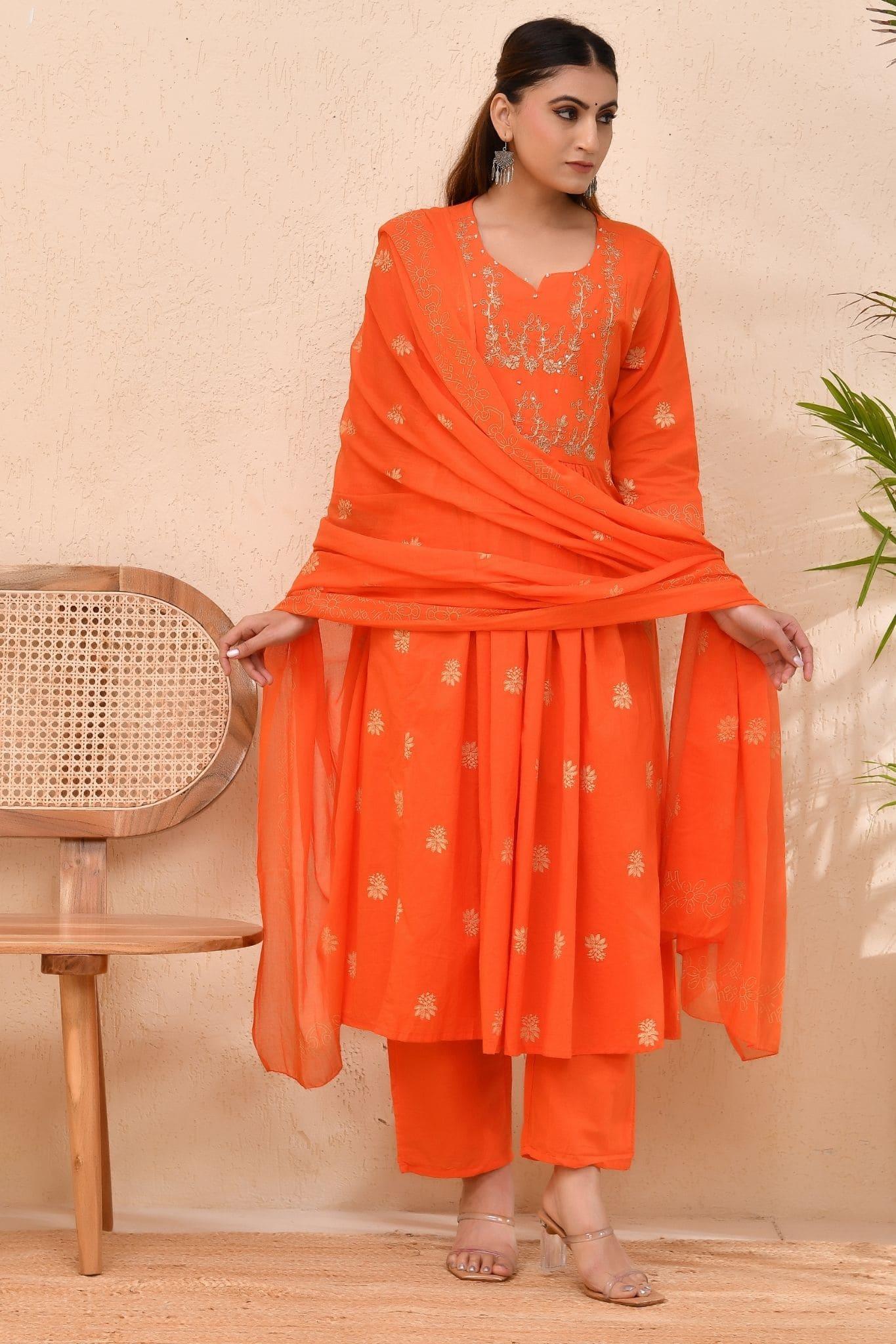 Vibrant Orange Embroidered Anarkali Kurta Set with Dupatta – Wear for Women