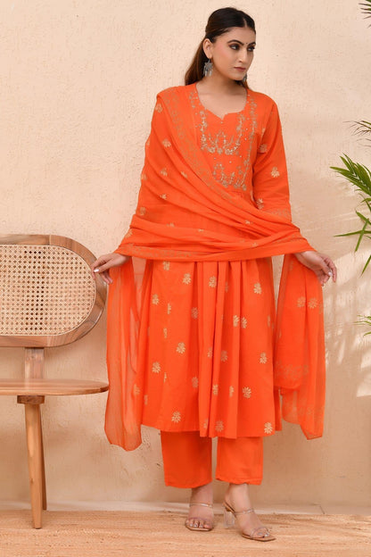 Vibrant Orange Embroidered Anarkali Kurta Set with Dupatta – Wear for Women