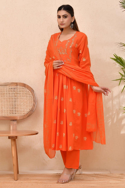 Vibrant Orange Embroidered Anarkali Kurta Set with Dupatta – Wear for Women