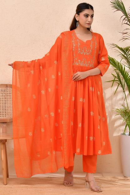 Vibrant Orange Embroidered Anarkali Kurta Set with Dupatta – Wear for Women