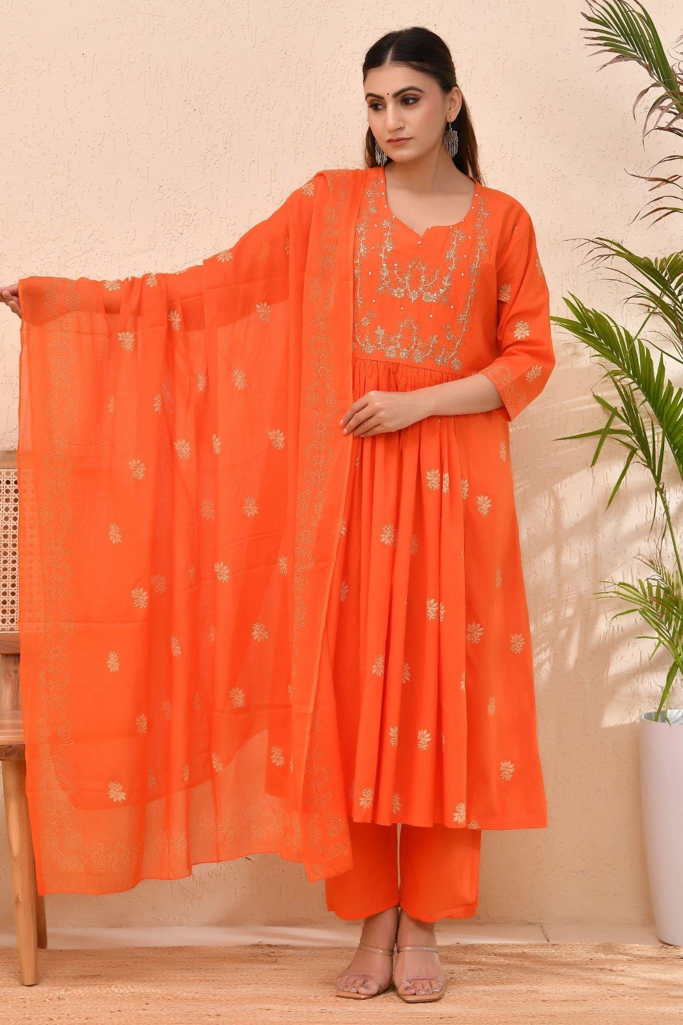 Vibrant Orange Embroidered Anarkali Kurta Set with Dupatta – Wear for Women
