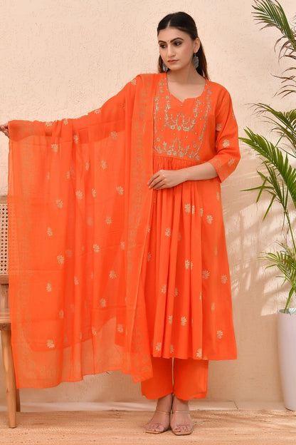 Vibrant Orange Embroidered Anarkali Kurta Set with Dupatta – Wear for Women