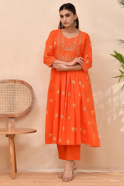 Vibrant Orange Embroidered Anarkali Kurta Set with Dupatta – Wear for Women