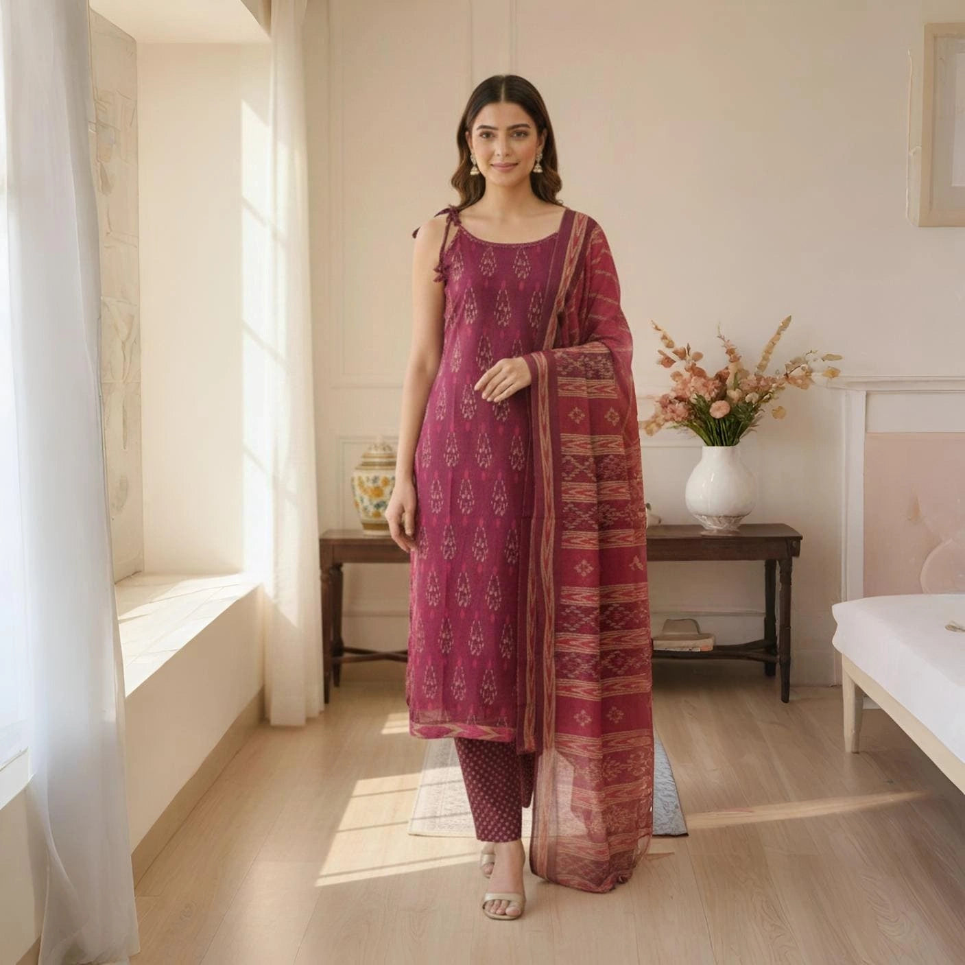 Wine Printed Kurta Set With Dup
