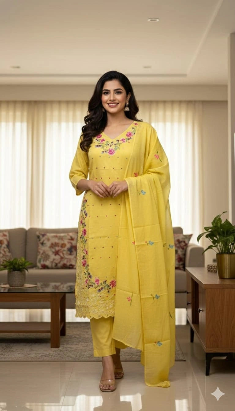 Yellow Floral Embroidered Suit Set