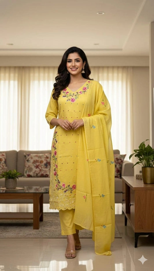Yellow Floral Embroidered Suit Set
