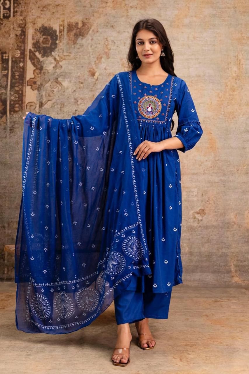 Azure Peacock Embroidered Cotton Kurta Set with Dupatta