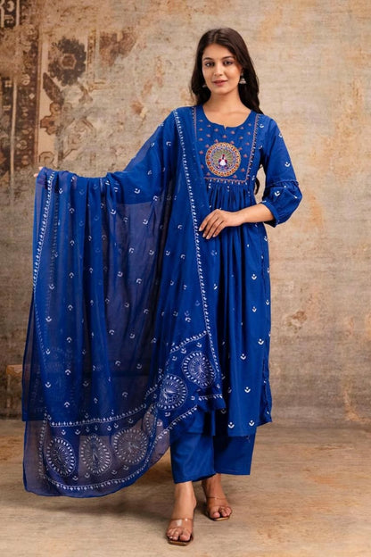 Azure Peacock Embroidered Cotton Kurta Set with Dupatta