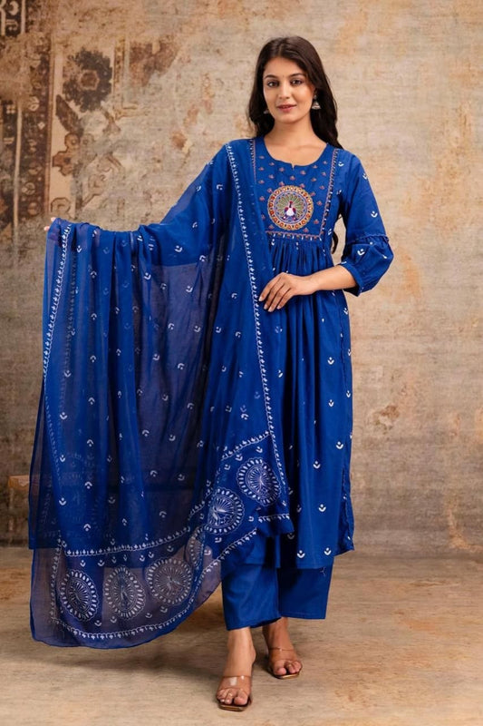 Azure Peacock Embroidered Cotton Kurta Set with Dupatta