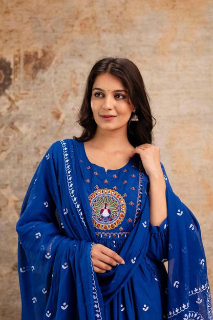 Azure Peacock Embroidered Cotton Kurta Set with Dupatta