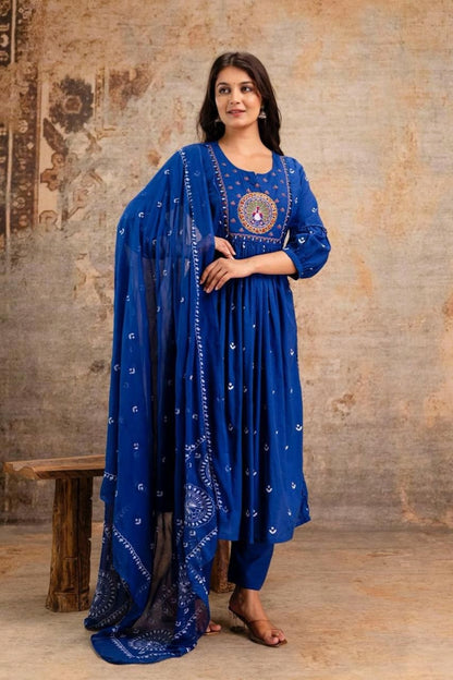 Azure Peacock Embroidered Cotton Kurta Set with Dupatta