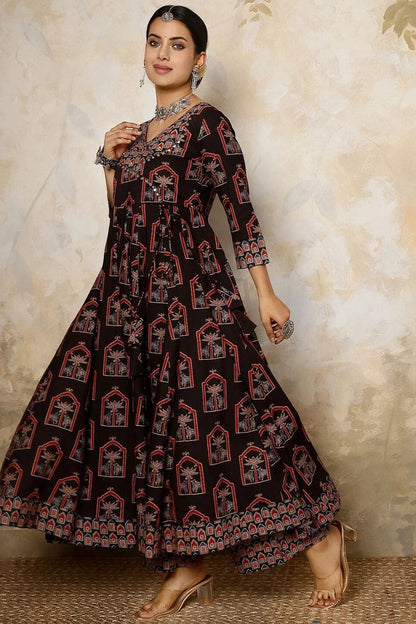 Black Printed Anarkali Kurti Set