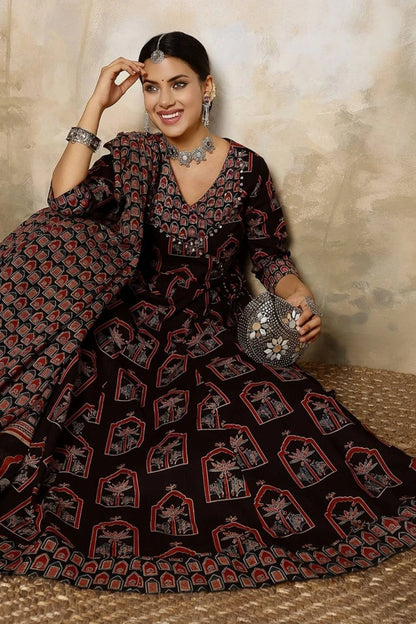 Black Printed Anarkali Kurti Set