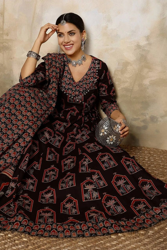 Black Printed Anarkali Kurti Set