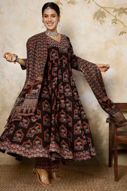 Black Printed Anarkali Kurti Set