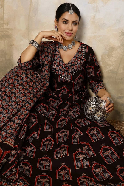 Black Printed Anarkali Kurti Set