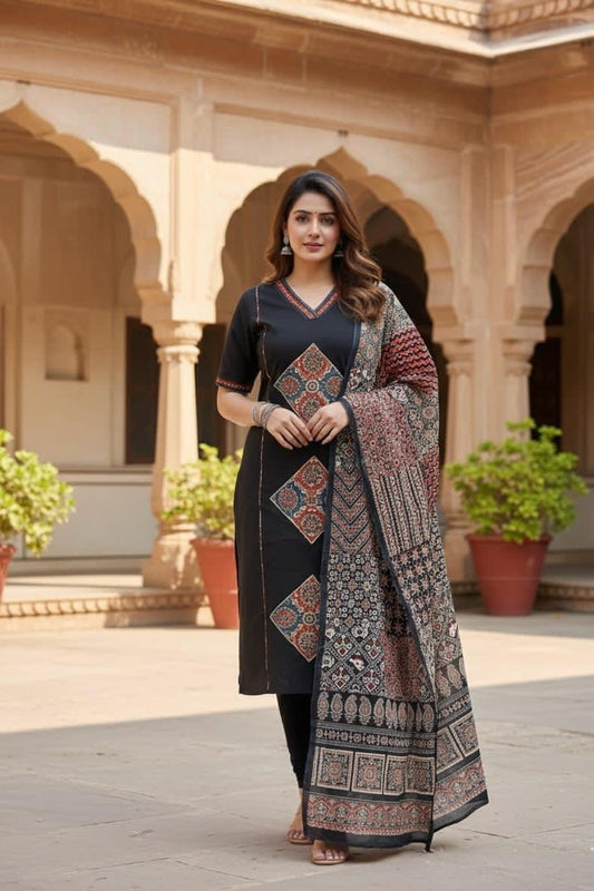 Black Printed Cotton Kurta Set