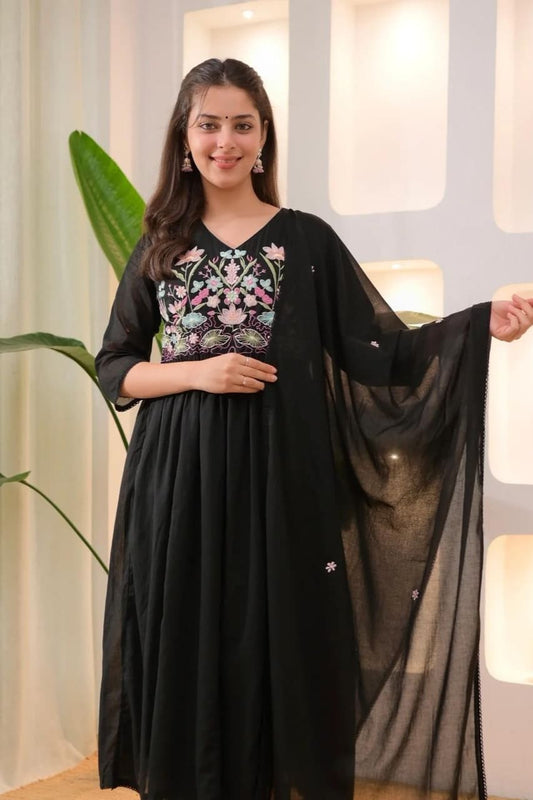 Black Embroidered Anarkali Kurti Pant Set