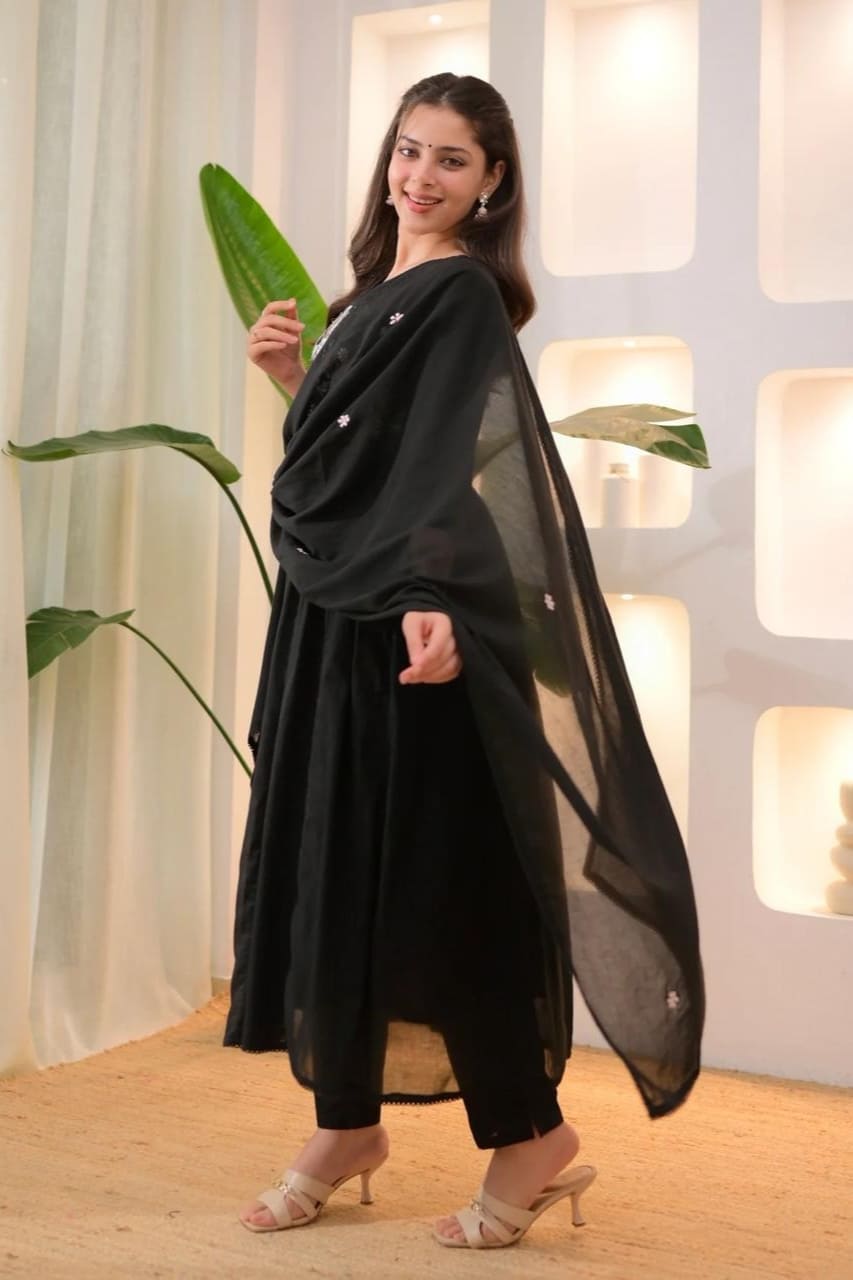 Black Embroidered Anarkali Kurti Pant Set