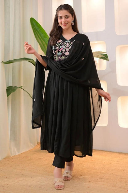 Black Embroidered Anarkali Kurti Pant Set